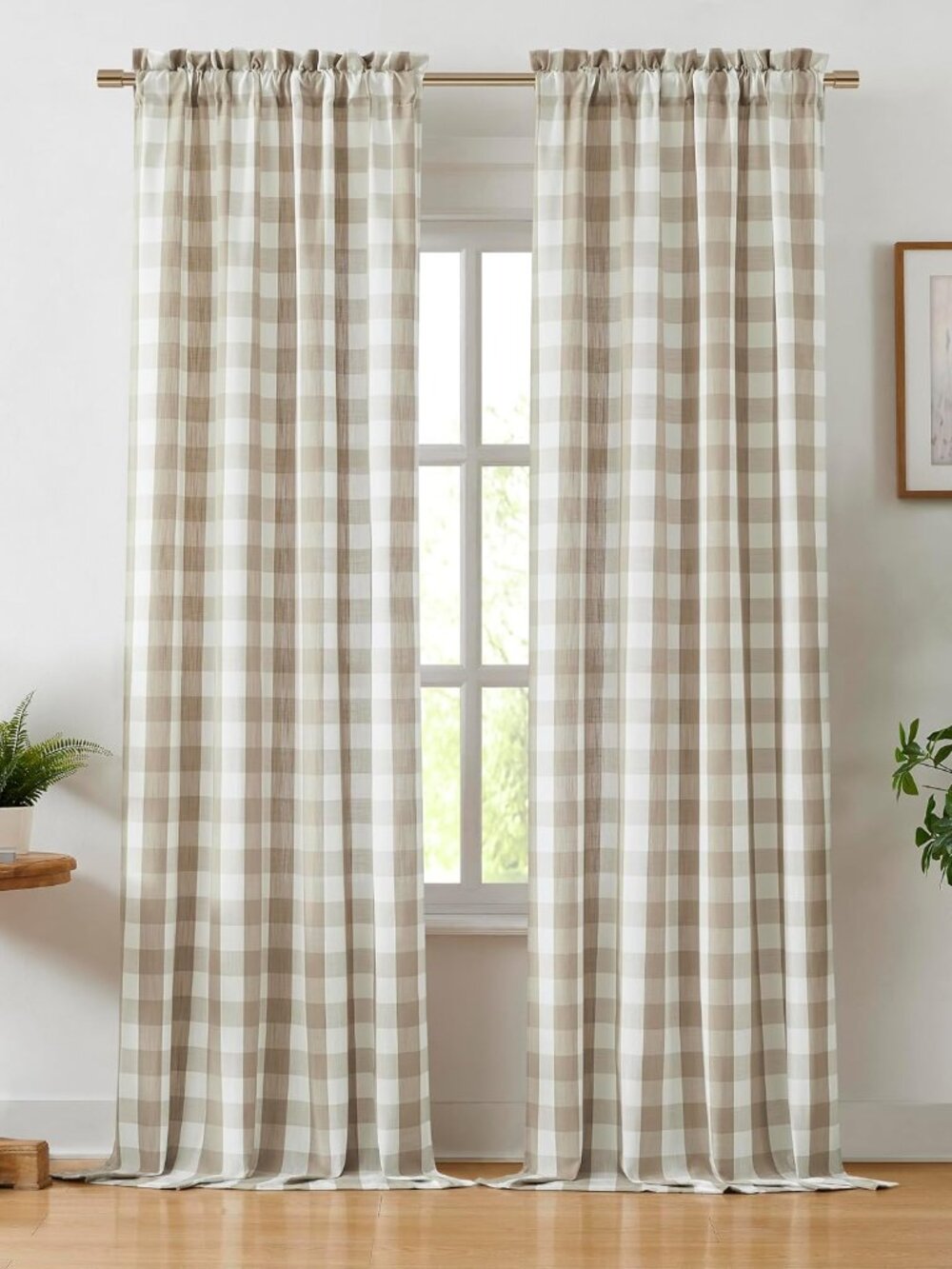 Tan Gingham Buffalo Check Beige and White Curtain Panels 95 Inch